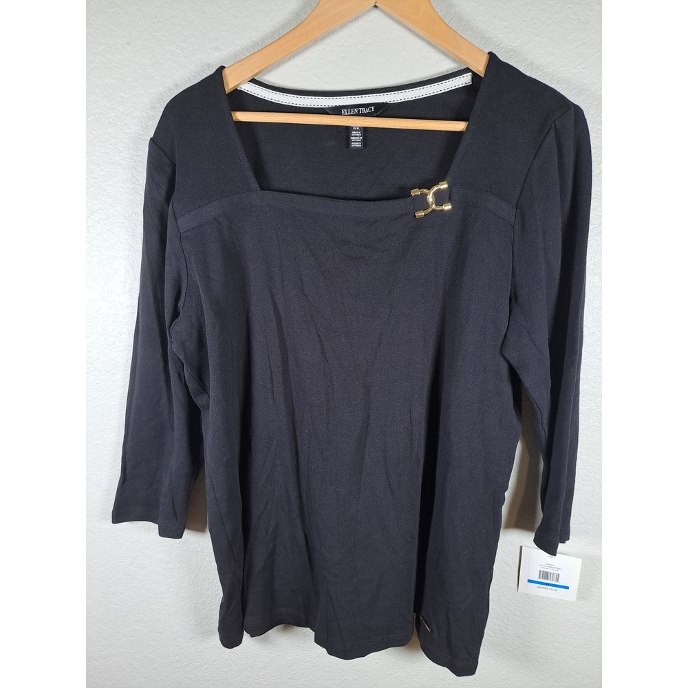 Ellen Tracy Womens Black Cotton Square Neck Buckle Top ERMU8KT009 XL